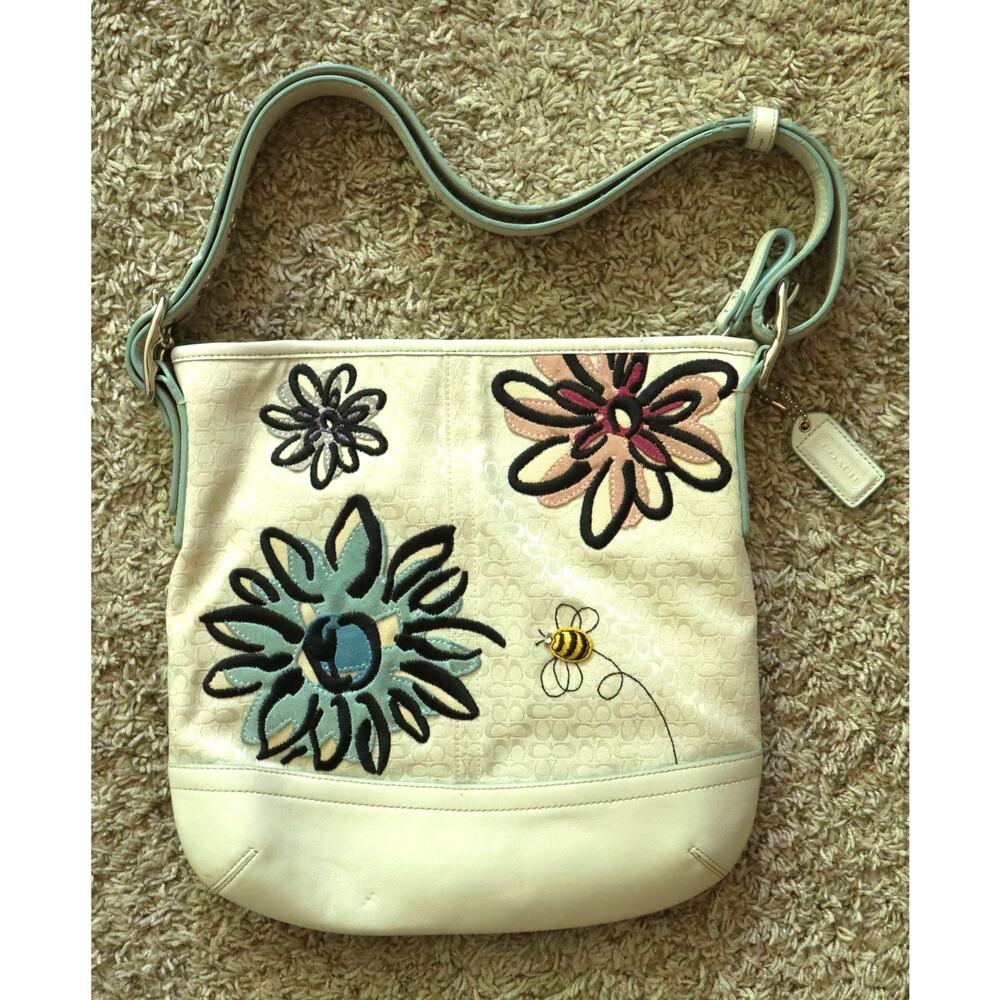 Coach White Floral Appliqué Shoulder Bag with Blue and Pink Accents
